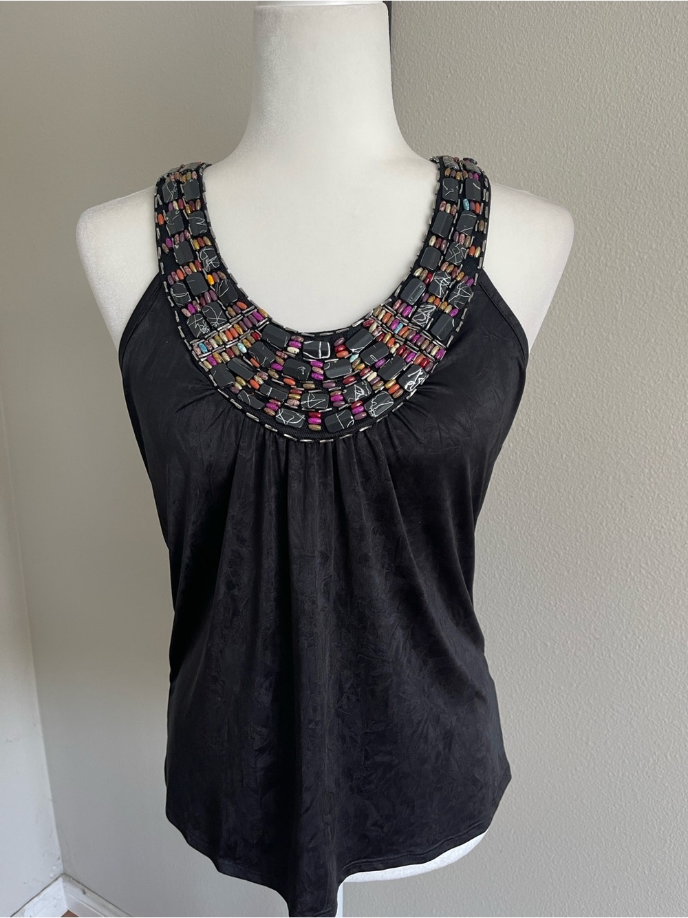 Iz Byer Black Tank Top with Multicolor Beaded Neckline